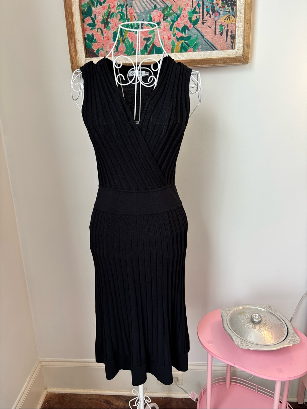 Calvin Klein Black Ribbed Knit Midi Faux Wrap Dress